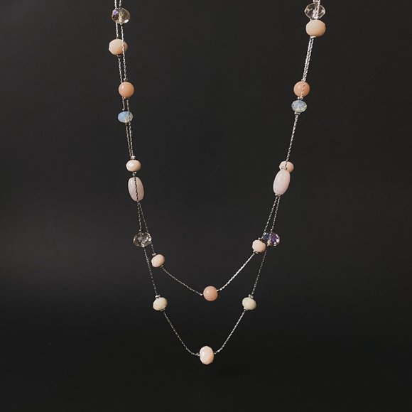 LOFT Jewelry - 38" LOFT Pastel Pink Champagne Beaded Silver Chain Boho Double Strand Necklace